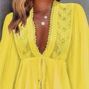 Chic Plunge Lantern Sleeve Contrast Lace Blouses Sexy Frill Hem Tied Detail Top